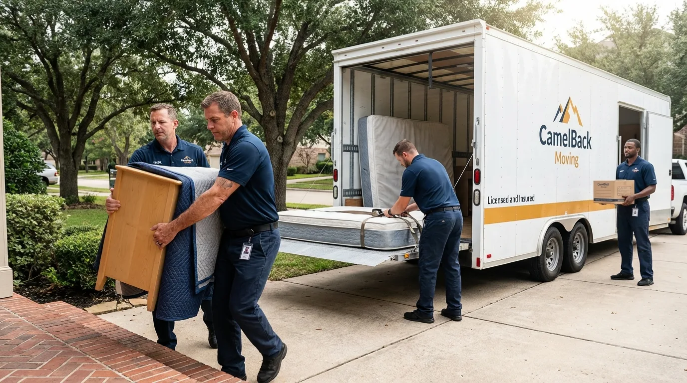 Crew loading residential truck for cross-state move from Hewlett, NY