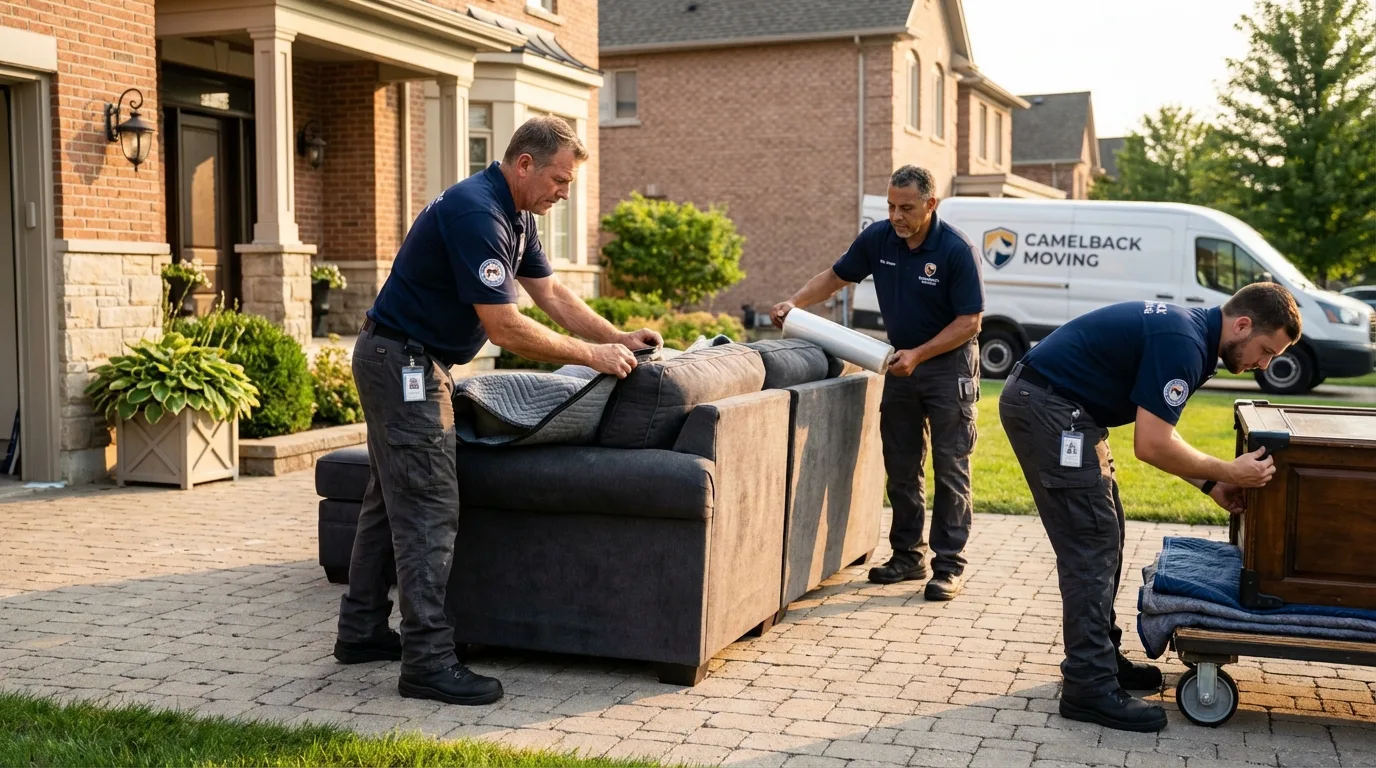 Large estate moving crew wrapping furniture in Hewlett, NY