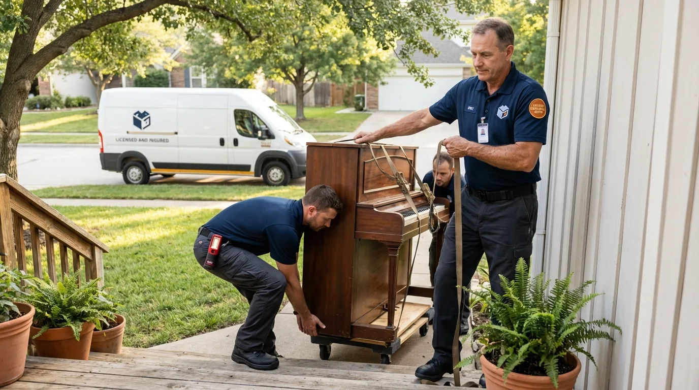 Licensed piano movers securing grand piano in Hewlett, NY