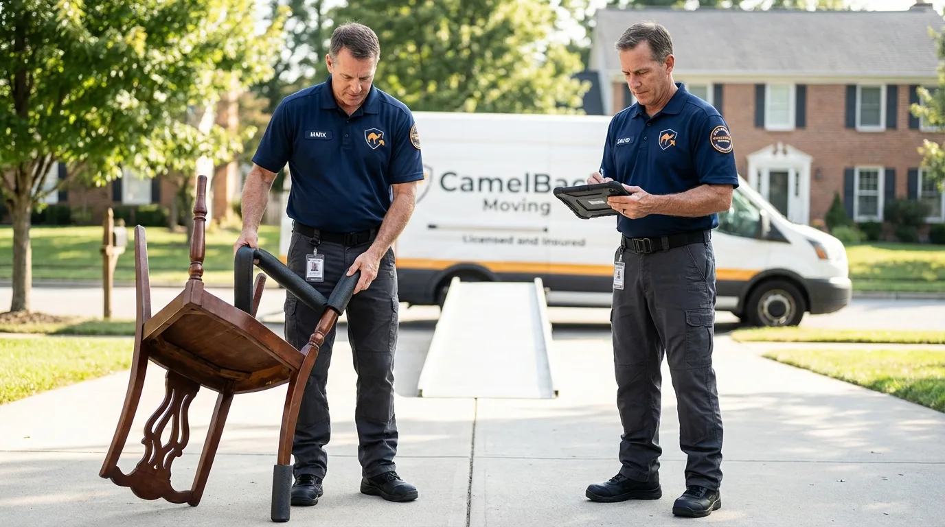 Movers inspecting furniture for damage prevention before loading in Hewlett, NY