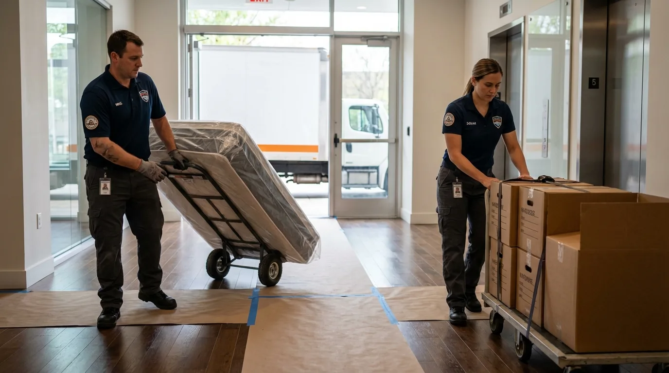 Professional apartment movers loading elevator in Hewlett, NY